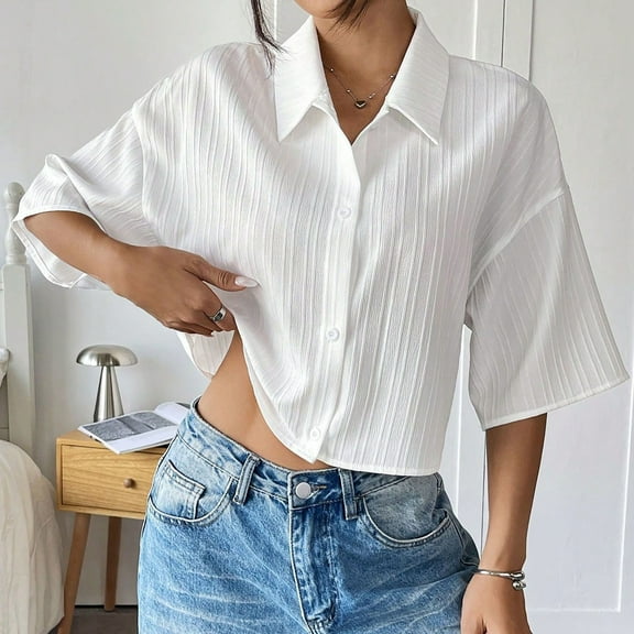 Ayolanni Plus Size Woman Clothes Clearance Cropped Short Sleeve White Solid Button-up Shirts Teens Shirts L