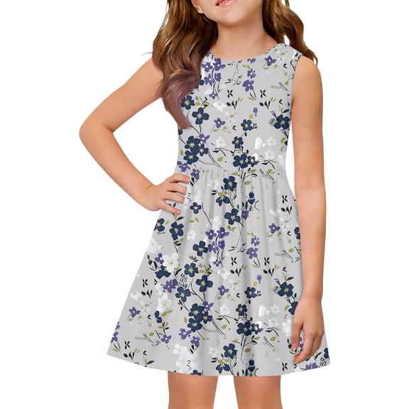 Iaqnaocc Dresses for Girls 10-12 A-Line Floral Print Dress Party Cute Sleeveless Girls Dresses Summer Girls Fashion Dresses Light Gray 2-3 Years