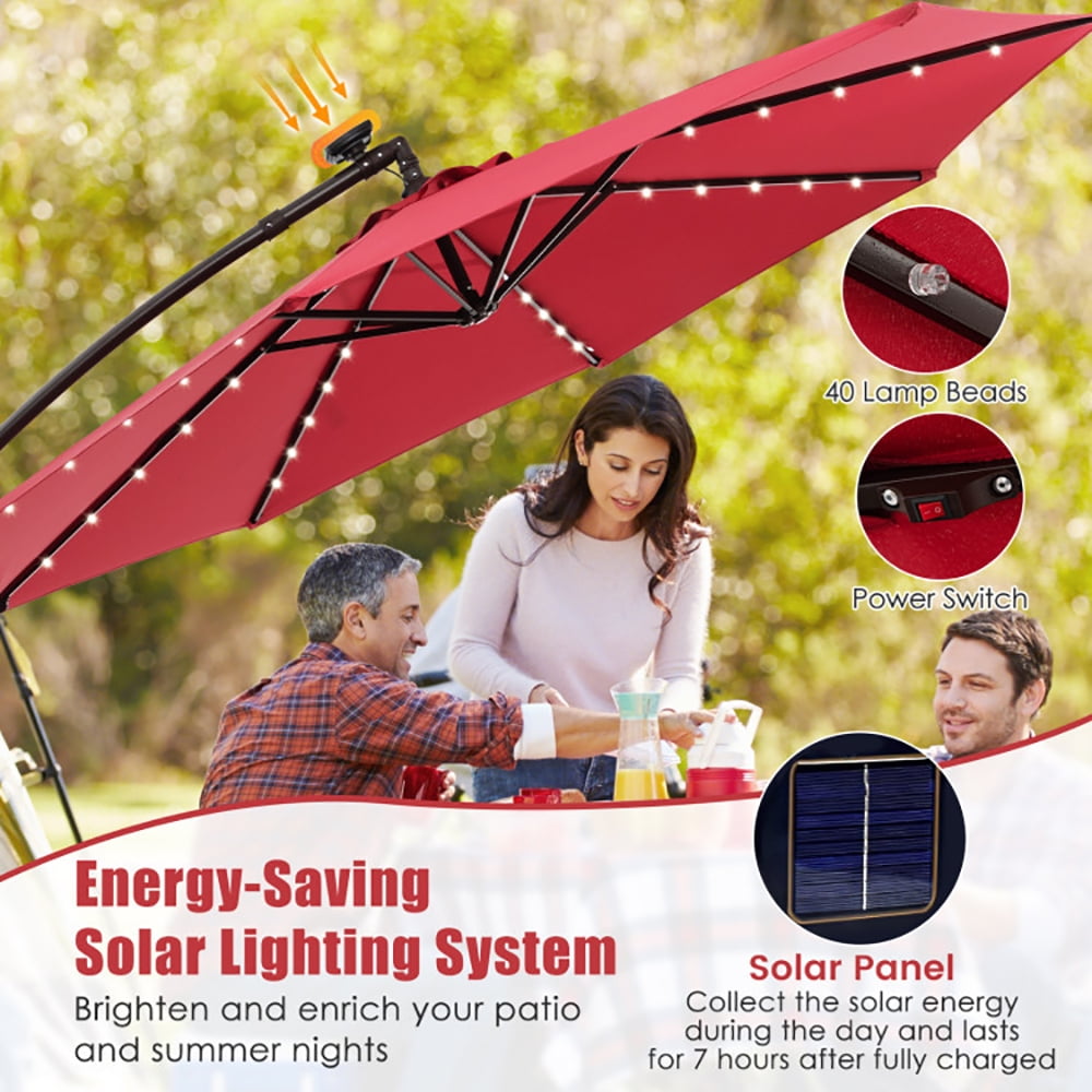 Aimee Lii 10 Feet Solar Offset Hanging Umbrella with 40 Lamp Beads and Solar Panel, Outdoor Umbrellas for Patio, Red Aimee Lii 10 Feet Solar Offset Hanging Umbrella with 40 Lamp Beads and Solar Panel, Outdoor Umbrellas for Patio, Red