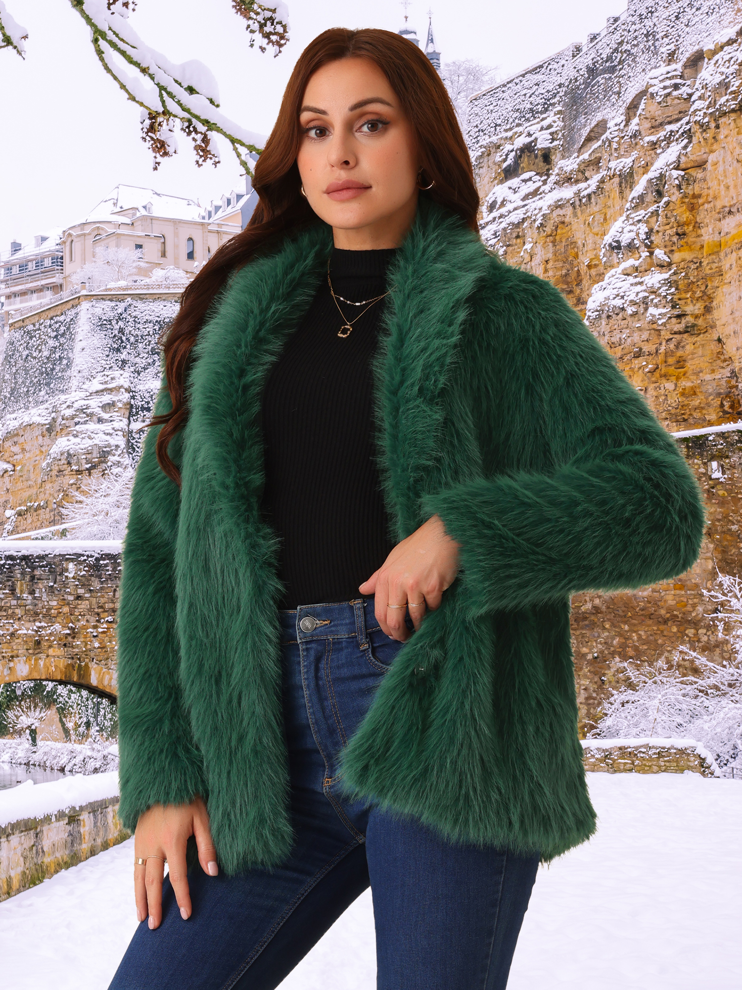 DARING DIVA Women's Faux Fur Coat Long Sleeve Lapel Shaggy Jackets with Pockets S Dark Green