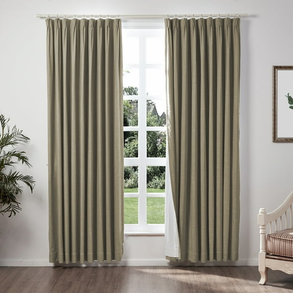 TWOPAGES 52 W X 108 L Inch Length Curtain Pinch Pleated Header Blackout Drape Linen Blend Drapery for Bedroom, 1 Panel, Oak
