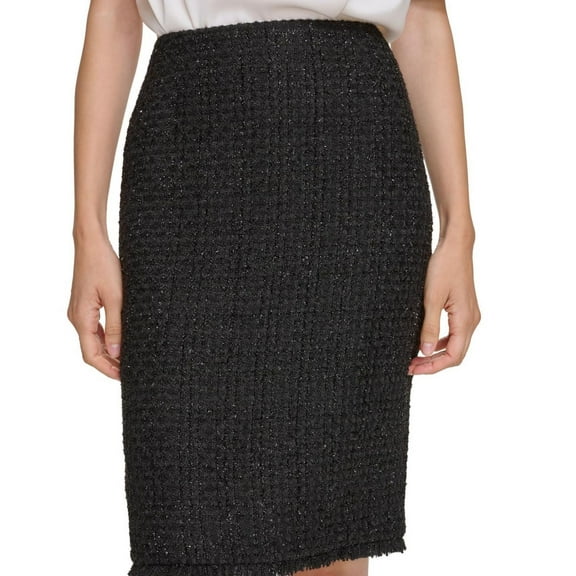 Calvin Klein Womens Tweed Fringe Trim Pencil Skirt, Black, Petite, 6P