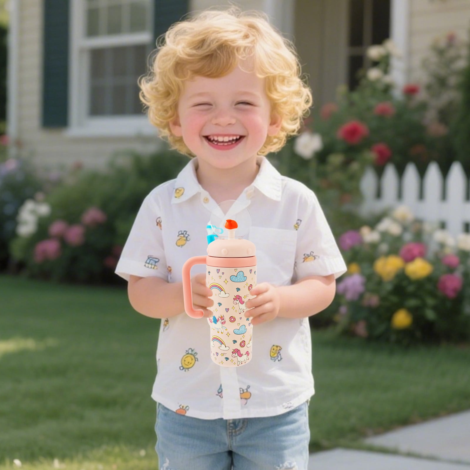 Sutowe Whale Fountain Tumbler Leakproof Whale Fountain Cup with Handle Lid and Straw Cute Toddler Water Bottle for Children Teen Adult