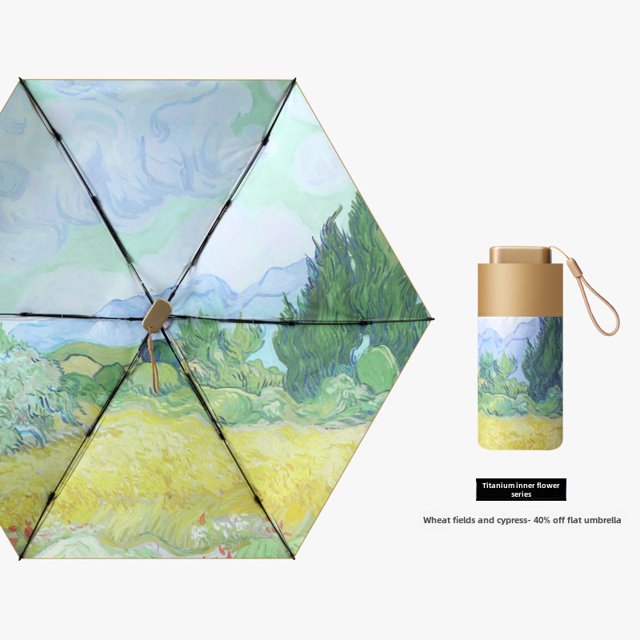 Paraguas plegable con pegamento negro y pintura al óleo creativa y ligera, protector solar dorado y titanio, paraguas pequeño y práctico con cápsula soleada