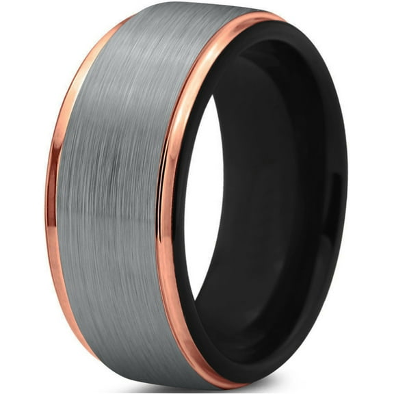 P. Manoukian Tungsten Wedding Band Ring 10mm for Men Women Black & 18K Rose Gold Plated Stepped Edge Polished Lifetime Guarantee Size 4