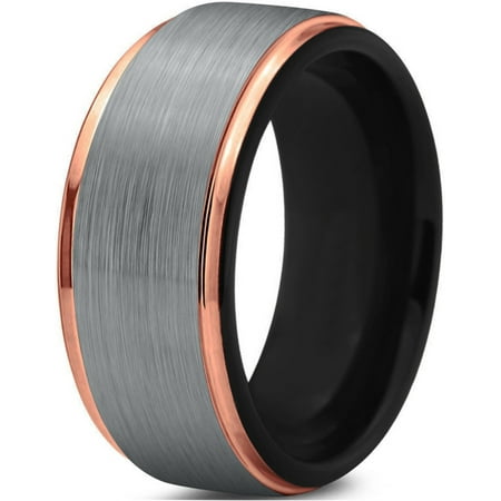 Tungsten Wedding Band Ring 10mm for Men Women Black & 18K Rose Gold Plated Stepped Edge Polished Lifetime Guarantee