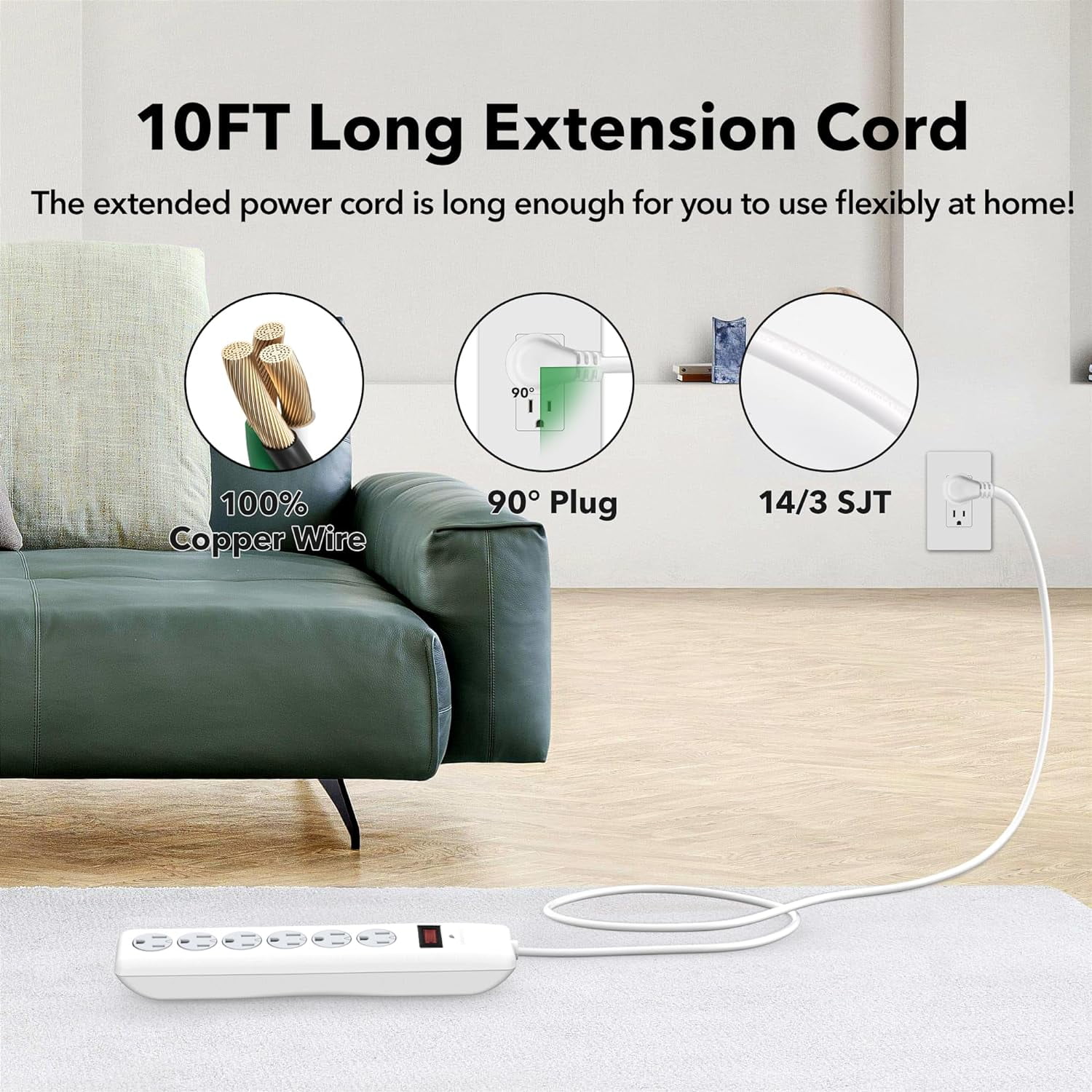 BN-LINK 6-Outlet Power Strip Surge Protector 2-Pack, 10-Foot Extension Cord, 600 Joules, Twist-to-Close Safety Covers, 90 Degree Flat Plug, Overload Protection, White