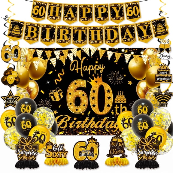 60th Birthday Decorations for Women & Men, Black and Gold 60th Birthday Party Supplies Set with Happy 60th Birthday Banner, Balloons, Hanging Swirls, Table Signs – 39PCS