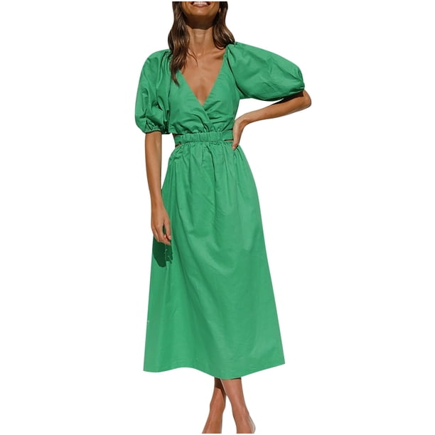 Vestido hasta el tobillo liso de manga corta elástico con cuello en V bohemio a la moda para mujer Fridja bnh6341