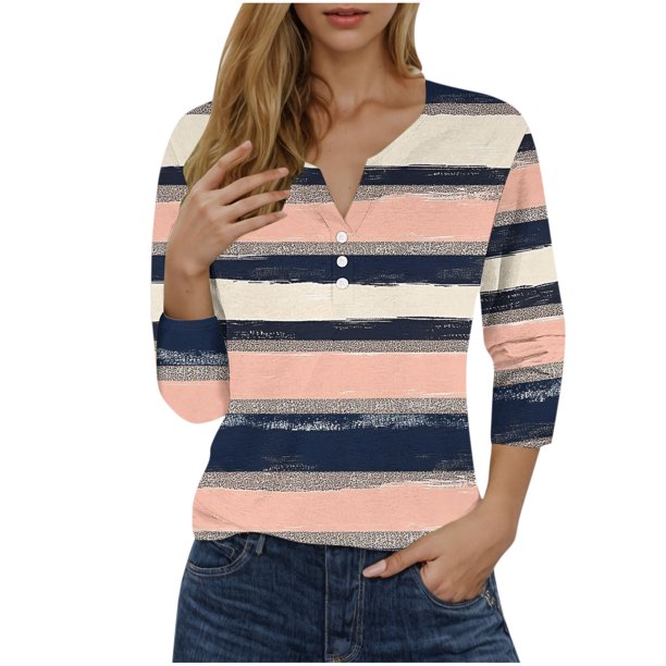 Blusas para las Mujeres Casual Impreso 3/4 Manga V Cuello Botones, Ligero Estante de Imitación para el Uso Diario Del Hogar