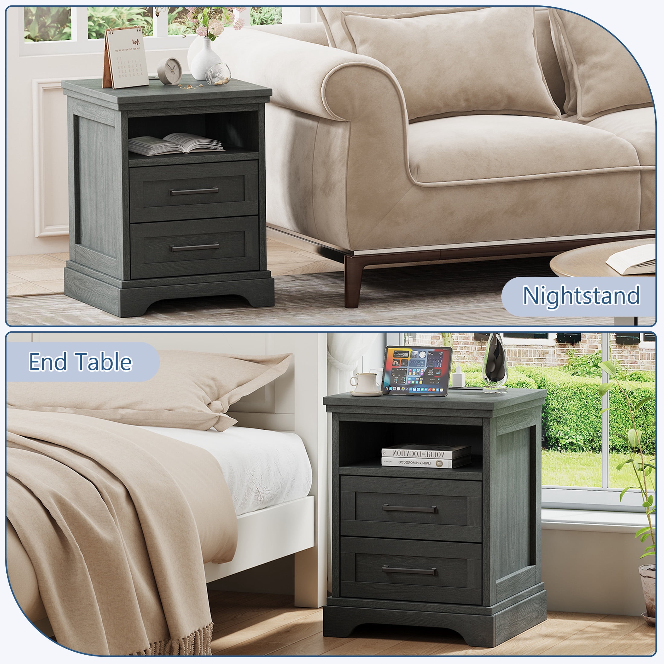 EDX 2 Drawers 24" Wood Nightstand with Drawers and Charging Station, Bedside Table for Bedroom or Living Room, Black