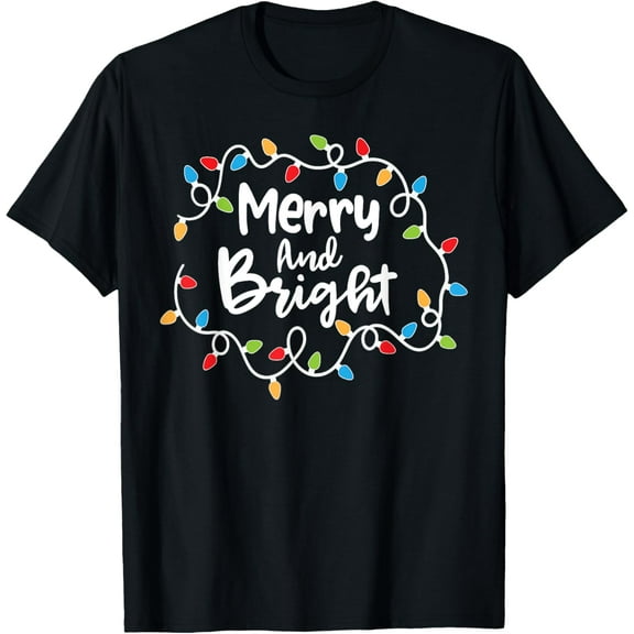 Premium model-Unisex-100% cotton-Merry And Bright Santa Christmas Xmas Lights Pajamas Holiday T-Shirt