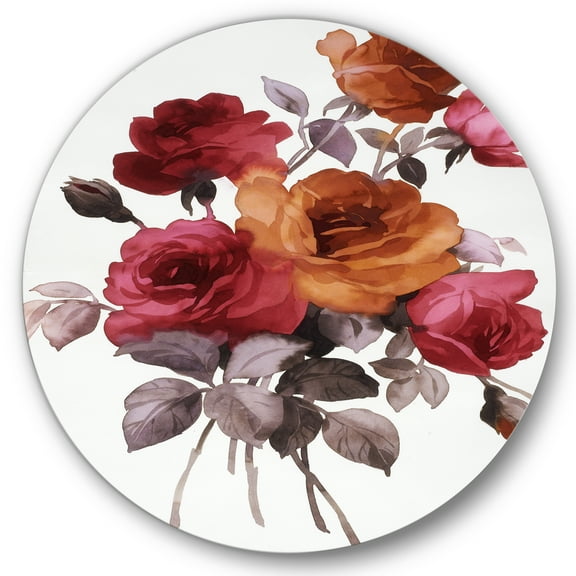 Designart 'Vintage Red and Orange Roses' Traditional Circle Metal Wall Art 36x36 - Disc of 36