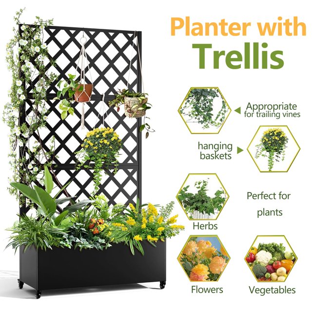 BeesClover Diamond Lattice Metal Planter Box, Raised Garden Bed with Privacy Screen for Climbing Plants