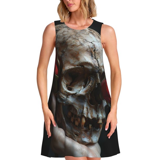 Easygdp Realistic Rose Skull para Vestido Transpirable de Mujer, Vestido Suelto de Manga Corta con Pliegues y Bolsillos para el Verano