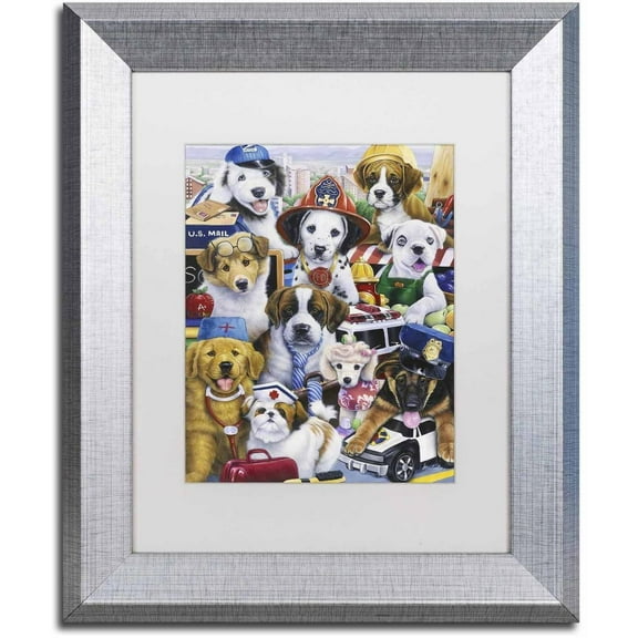 Trademark Fine Art 'Working Puppies' Canvas Art by Jenny Newland, White Matte, Silver Frame