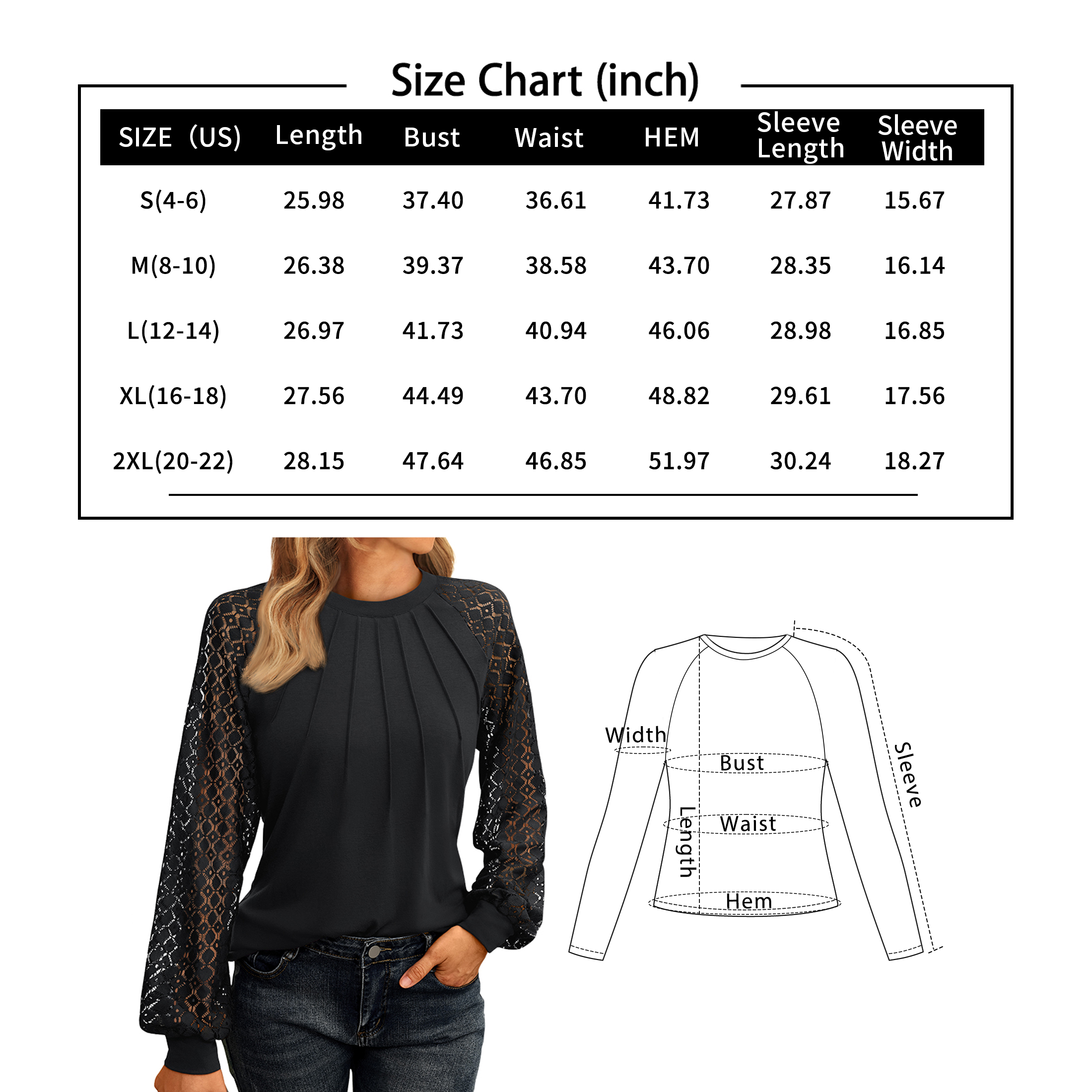 SUNBS Women's Lace Raglan Long Sleeve Blouse, Black photo 7