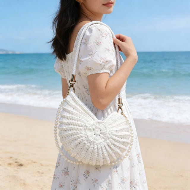 Bolso de mano con cadena de perlas | Bolso de hombro de ganchillo para mujer | Bolso cruzado versátil | Bolso de noche bohemio | Asa de cuero hecha a mano | Ligero para uso diario