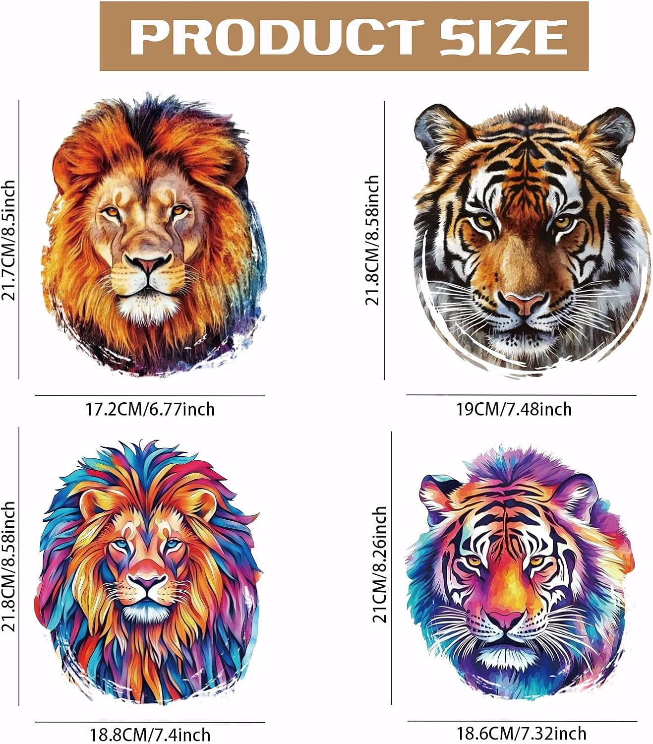 1 Set 4PCS Lion and Tiger Iron On Transfer Patches Animal Heat Transfer Stickers DIY Iron On Decals Washable Heat Transfer Paper for Clothing T-Shirt Backpacks Bag Pillow Decor Applique