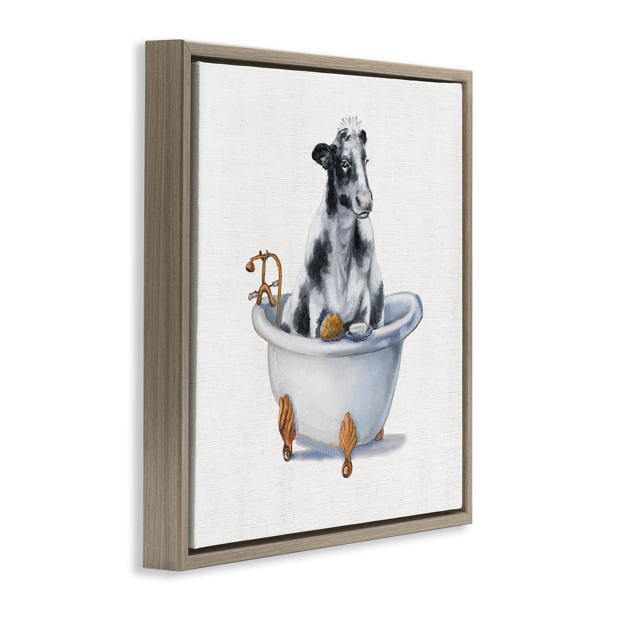 Stupell Industries Dairy Cow in Bathtub Animals & Insects Painting Brown Floater Framed Canvas Art Print Wall Art, 18 x 18