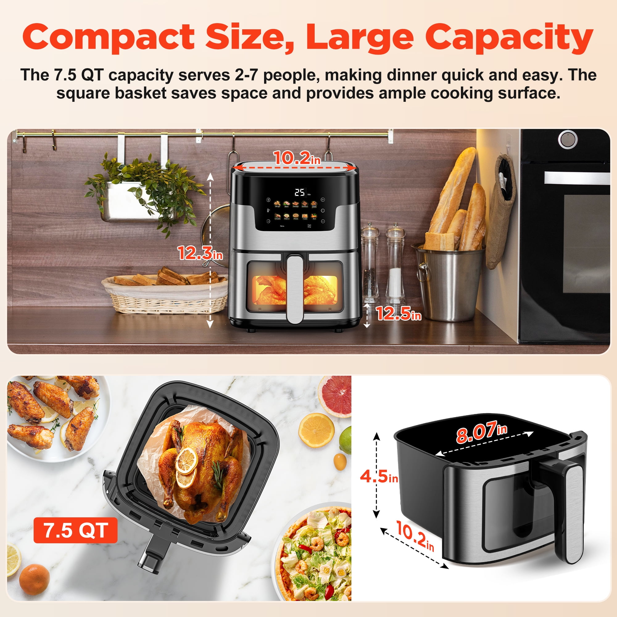 8-in-1 7.5Qt Air Fryer Oven, Digital LED, 8 Cookings, 95 8-in-1 7.5Qt Air Fryer Oven, Digital LED, 8 Cookings, 95