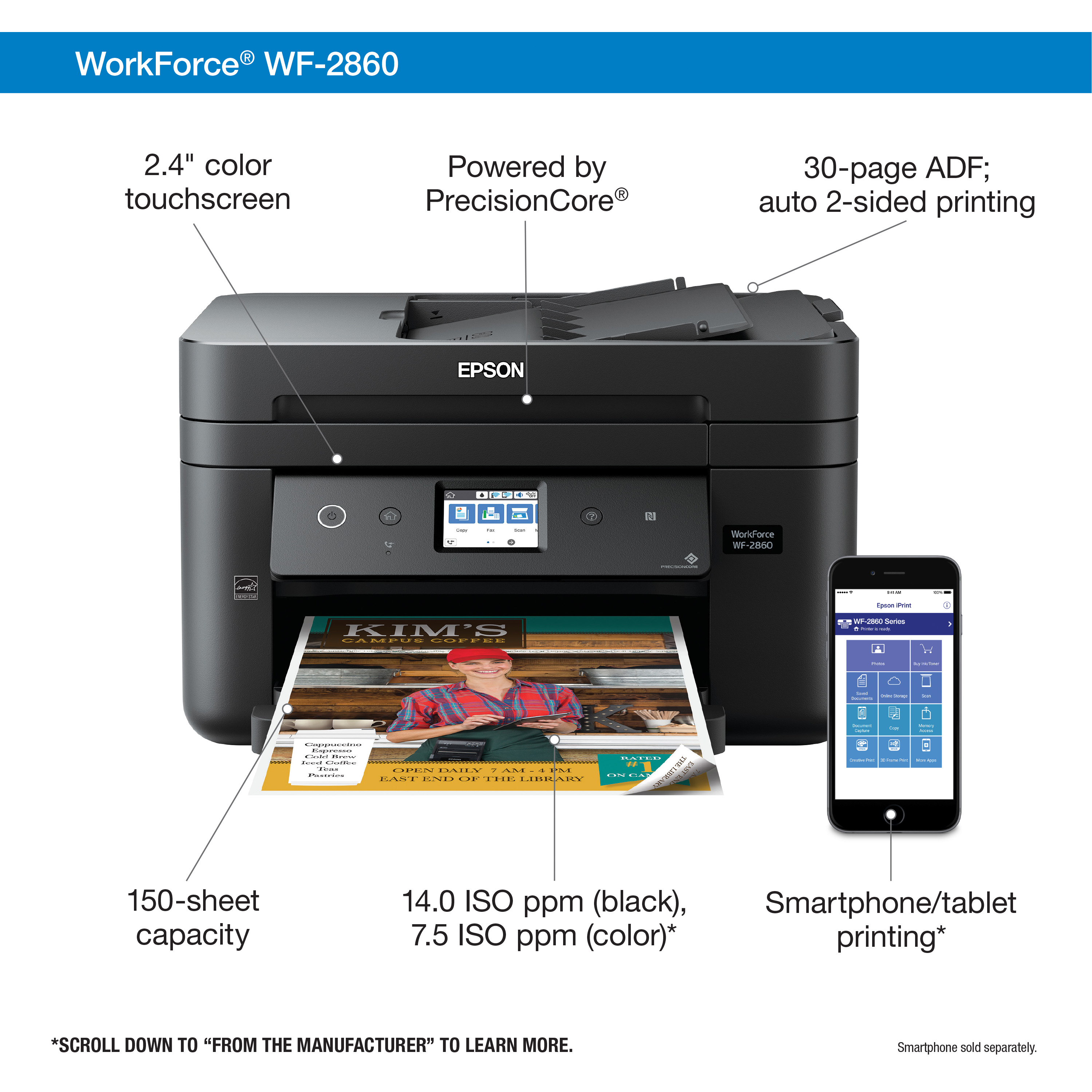 Epson WorkForce WF-2860 All-in-One Wireless Color Printer with Scanner, Copier, Fax, Ethernet, Wi-Fi Direct and NFC - image 2 of 6