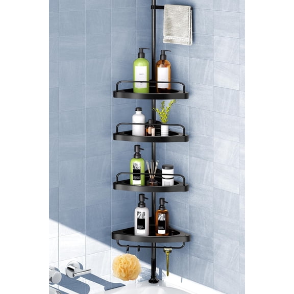 Corner Shower Caddy Tension Pole: Adjustable Stainless Steel Shower Organizer 4 Tier Shelf for Bathroom Bathtub Shampoo - Floor Standing Rack Bath Storage Holder with Rust Proof Rods - Black