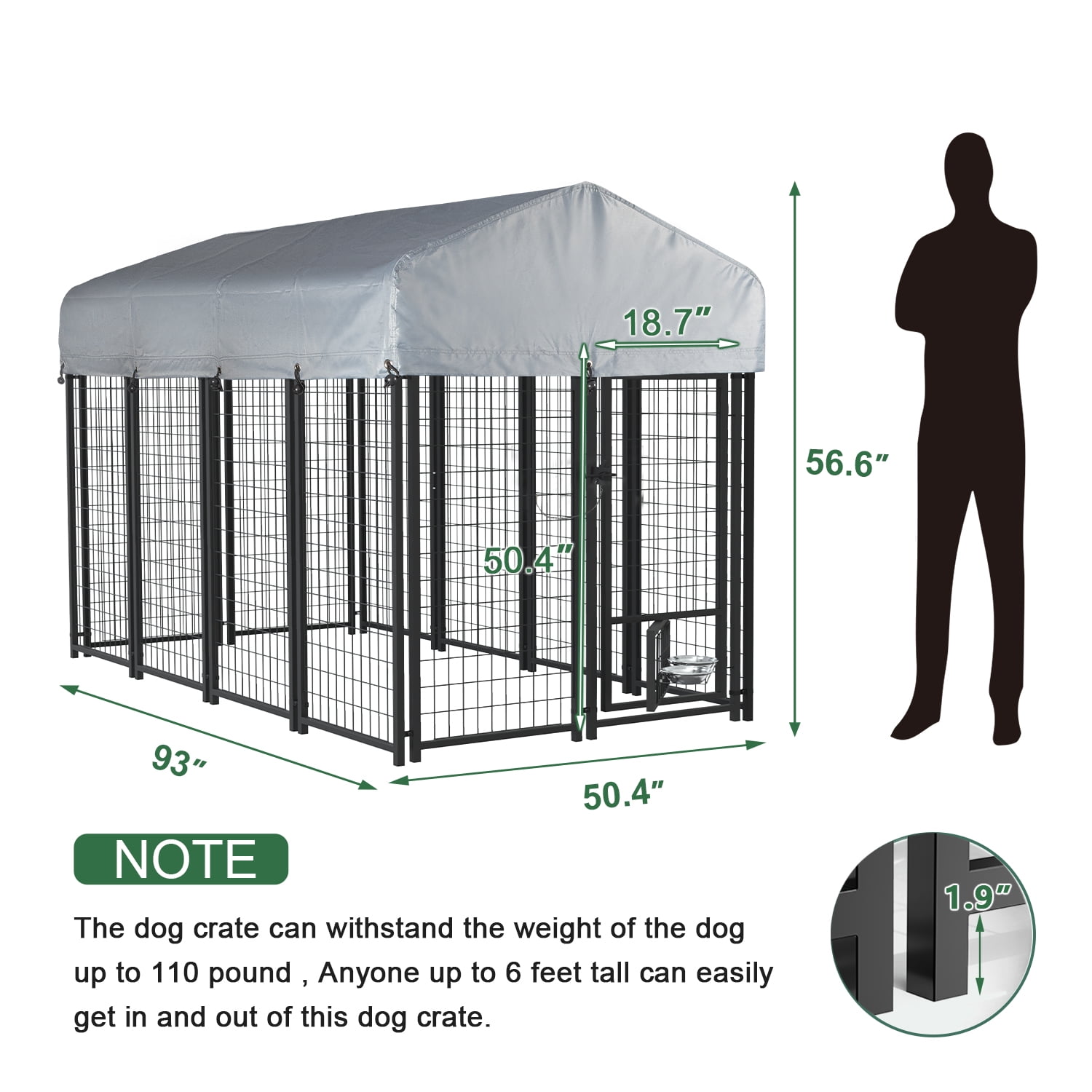 Waleaf 8x4x4 ft Outdoor Dog Kennel Cage for Large Dogs,Large Dog Kennel with Rotating Bowls for Outdoor,Pet Dog Run Enclosures for Dog Crate with Waterproof UV-Resistant Cover and Secure Lock