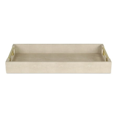 16" Cream Wood and Vinyl Faux Shagreen Serving Tray With Gold Handles