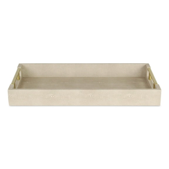 16" Cream Wood and Vinyl Faux Shagreen Serving Tray With Gold Handles