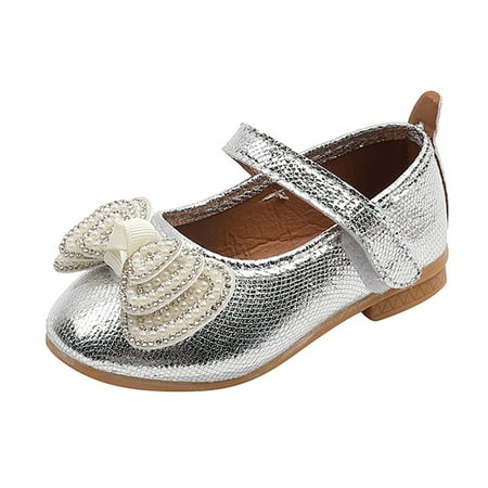 

TAIAOJING Girls Sandals Glitter Shoes Solid Color Bow Pearl Hook Loop Flat Non-Slip Shoe