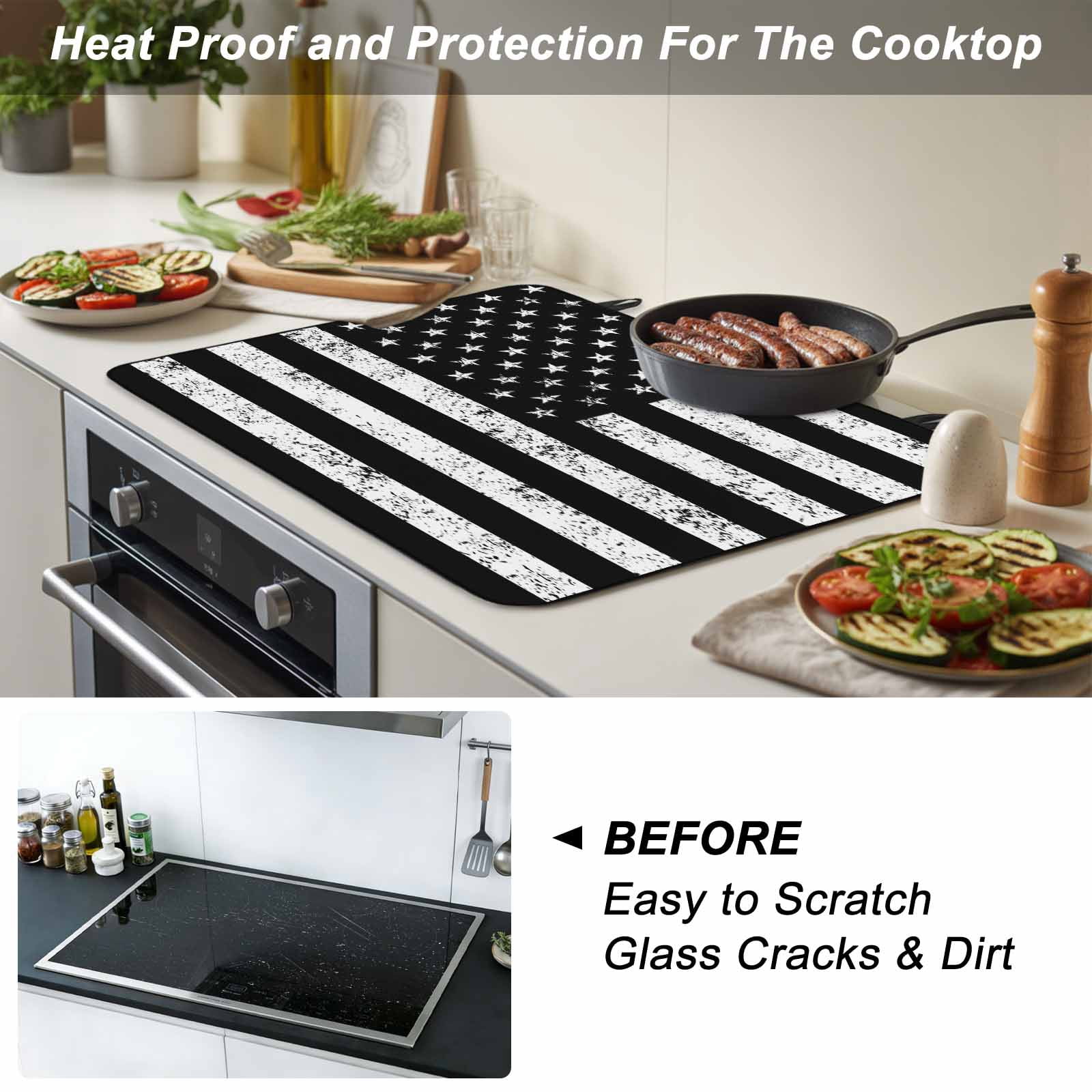 Black American Flag Stove Top Cover for Electric Stove, Heat-proof & Non Slip Glass Top Stove Cover Protector, Vintage USA Flag Kitchen Flat Cooktop Rubber Mat 24x21 Inches