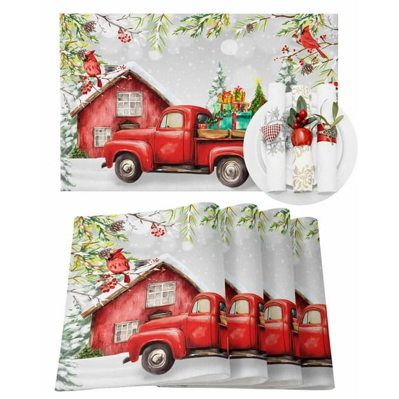 Christmas Placemats Set of 1 Red Truck Cardinal Bird Farmhouse Winter Heat Insulation Washable Place Mats, Rustic Non-Slip Table Mats for Dining Table Party Kitchen Decor,13x19 Inch