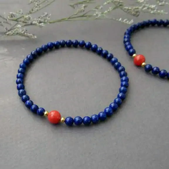K-KED Natural blue lapis lazuli 6mm & red coral 8mm round gemstone beads bracelet 7.5"
