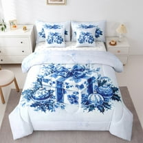 Manfei Xmas Gitfs 7pcs Bedding Comforter Set,Blue Christmas Ball Queen Bedding Sets,Cute Bowtie Ribbon Queen Sheet Sets For Teens,Breathable Home Decor