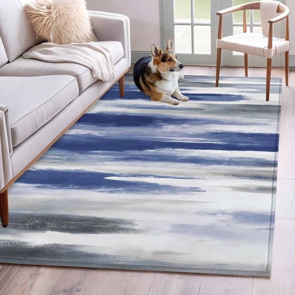 Abstract Grey Washable Area Rugs 2.7'x5', Navy Blue Mottled Gradient Texture Farmhouse Low Pile Throw Living Room Rug Non-Slip Sturdy Edge Binding Carpet for Indoor Entryway Bedside Kitchen