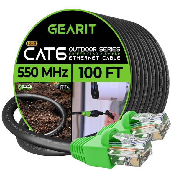 GearIT Cat6 Outdoor Ethernet Cable (100 Feet) CCA Copper Clad, Waterproof, Direct Burial, In-Ground, UV Jacket, POE, Network, Internet, Cat 6, Cat6 Cable - 100ft, Personal Computer
