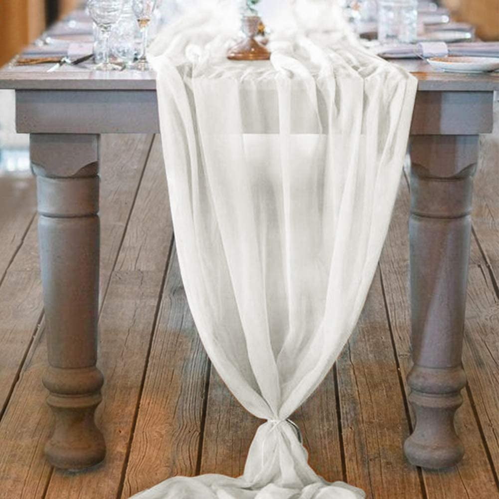 2 Pieces 10Ft Beige Chiffon Table Runner Sheer 29x120 Inch for Romantic Wedding Decor Bridal & Baby Shower Birthday Rustic Party Decoration 