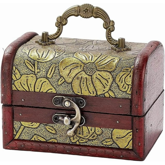 Mini joyero vintage de madera, cofre del tesoro pirata retro, pequeño cofre del tesoro decorativo europeo de cuero sintético con asa.