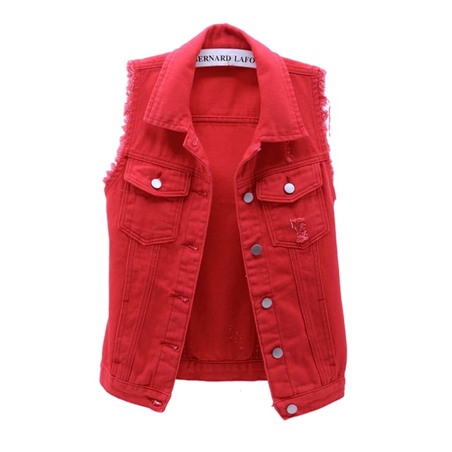 Denim Vest for Women Plus Size Casual Button Down Solid Color Ripped Crop Jacket Vest Waistcoat Streetwear