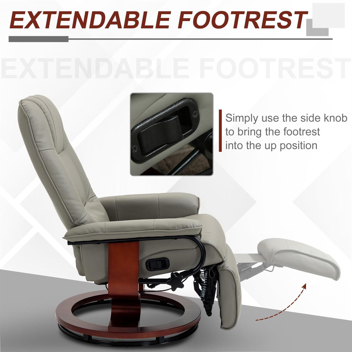 Domi Bonn Faux Leather Lounge Chair with Footrest and Armrest, Manual Swivel Recliner for Living Room, Bedroom, Gray