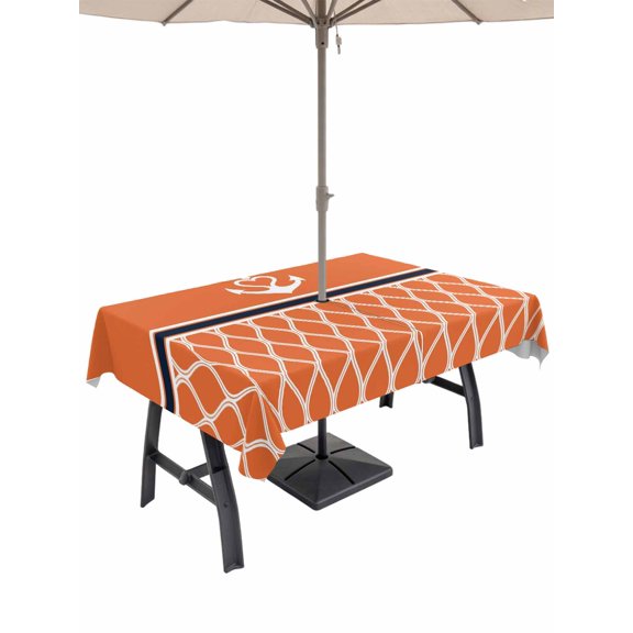 Outdoor Tablecloth with Umbrella Hole and Zipper, Orange Morocco Rectangle Table Cloth 60x120 Inch Waterproof Tablecloth, Nautical Anchor Stripe Modern Geometric Picnic Table Cover for Patio Camping