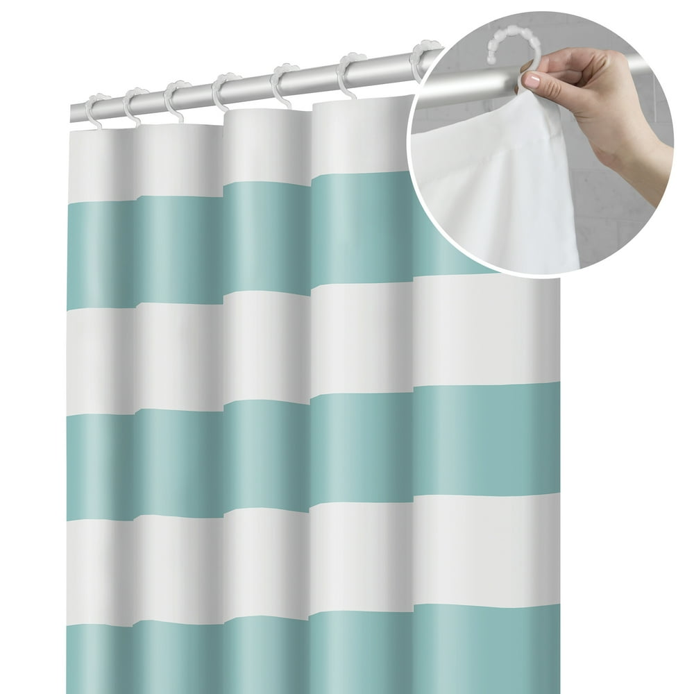 Maytex Smart Curtain Porter Stripe Fabric Shower Curtain with Attached Roller Glide Hooks