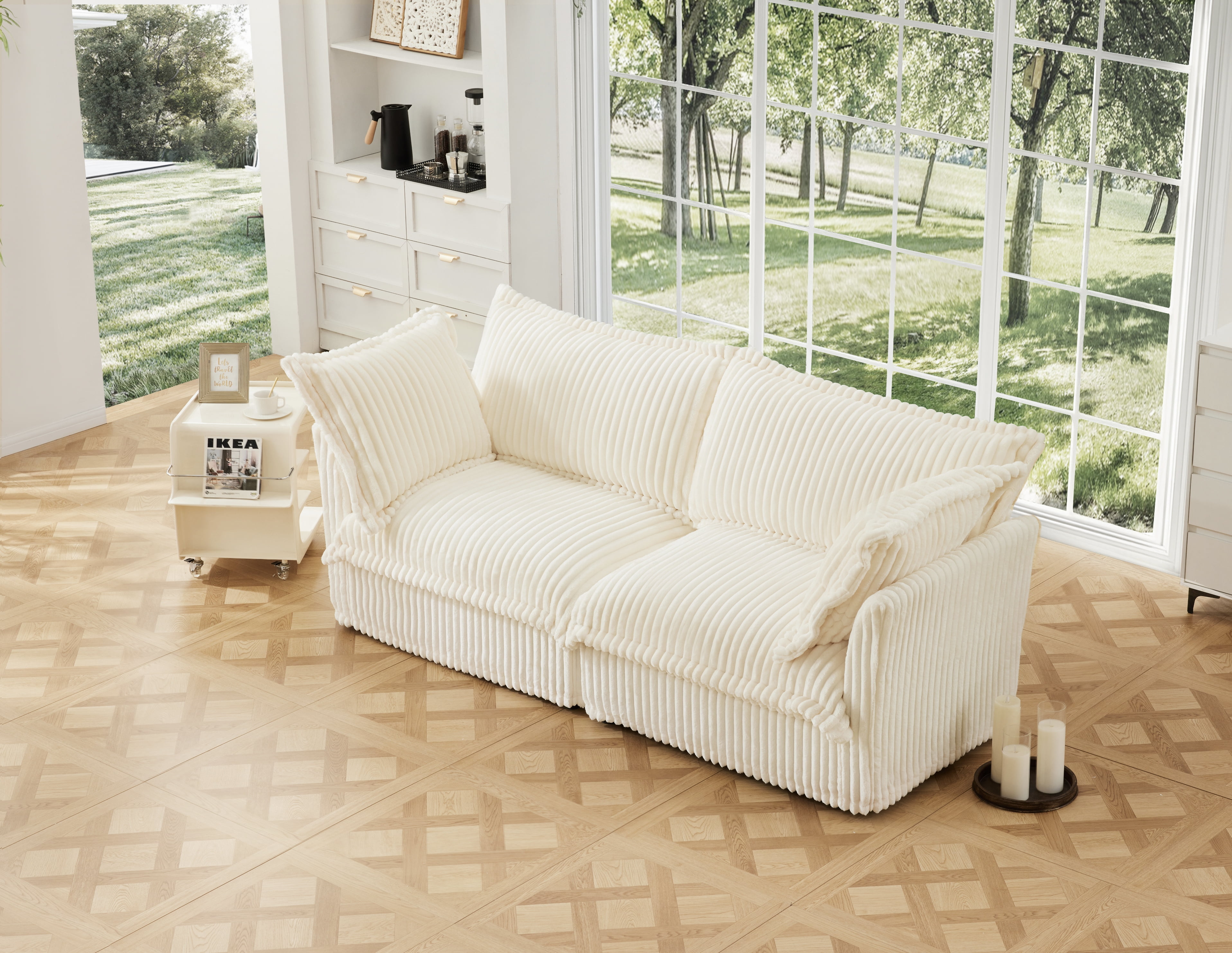 Modern Cream Corduroy Loveseat Sofa, Comfortable Cushion with Removable Cover for Living Room/Apt,White
