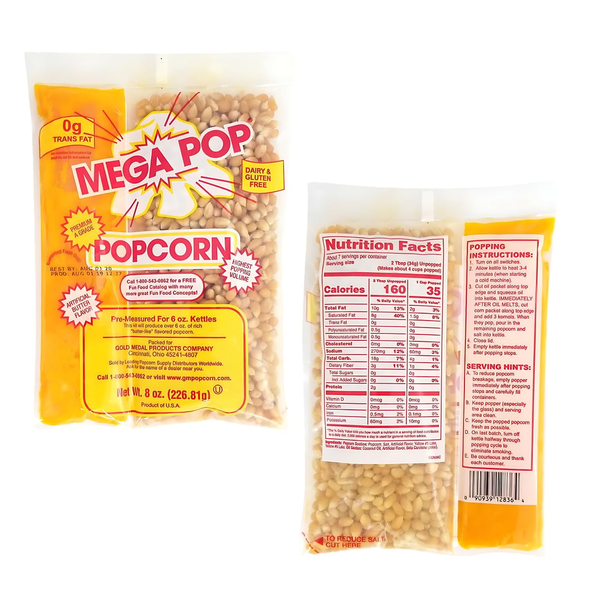 Popcorn Kit - Mega Pop Premium A Grade Popcorn Kit - 8oz Kit for 6oz Popper - Case of 36 | All In One Pack