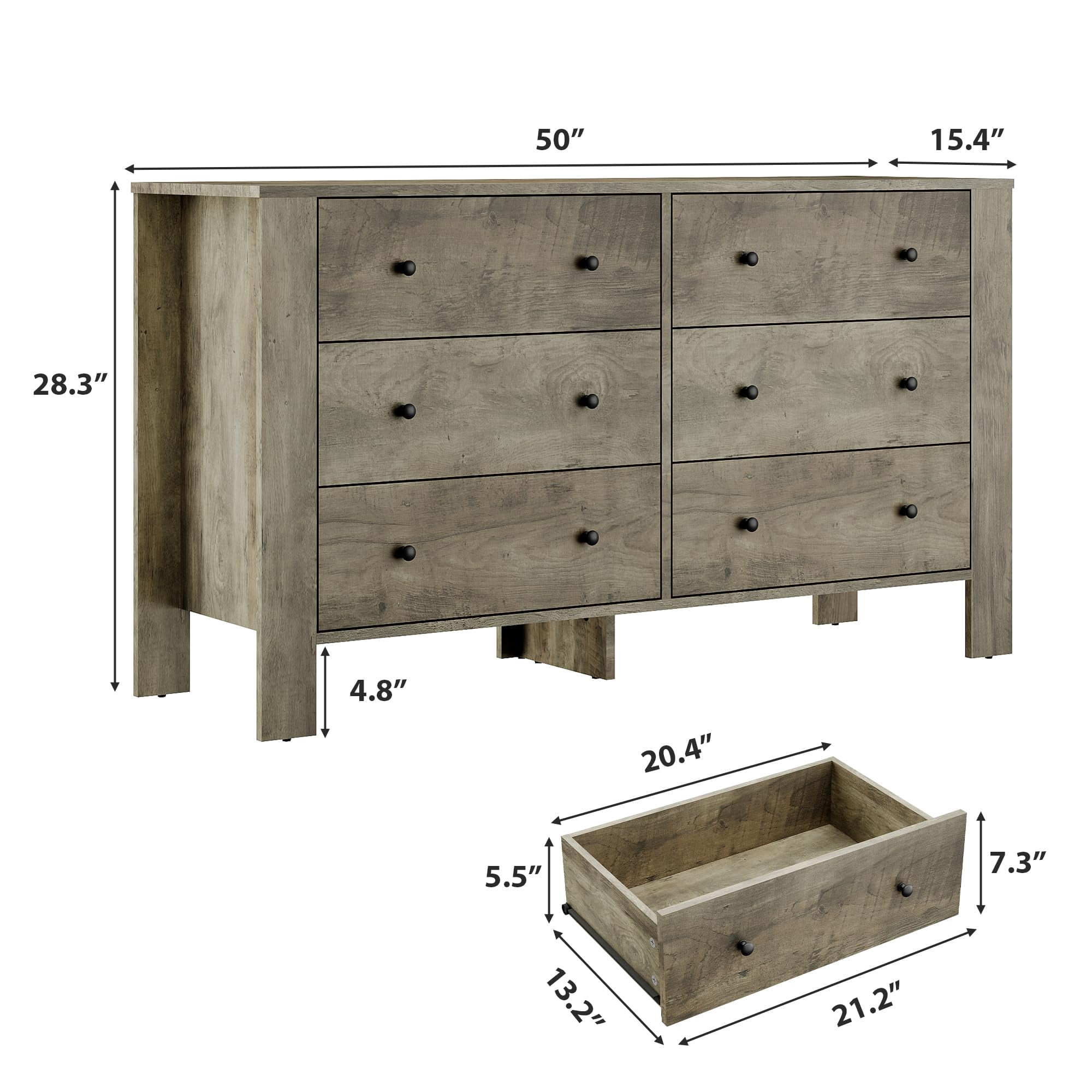 6 Drawer Dresser, Modern Wood Dresser for Bedroom, with Deep Drawers & Metal Knobs, for Hallway, Entryway, Living Room