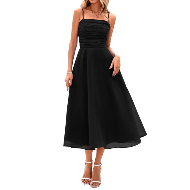 Vestido PRETTYGARDEN para mujer, de verano, con tirantes finos, midi, negro