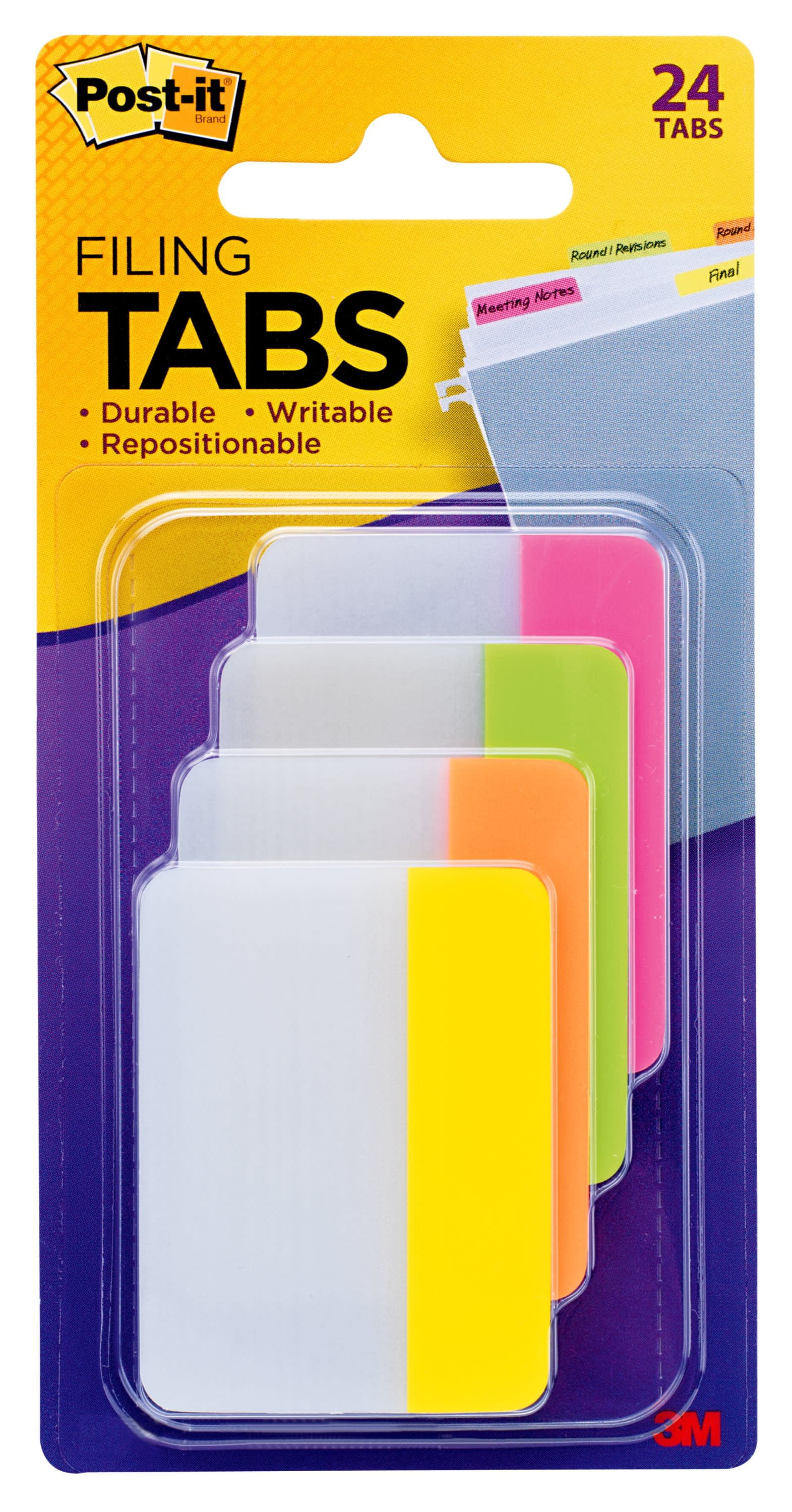 Post-it Tabs, 2" Wide, 4 Assorted Bright Colors, 6/Color, 24 Tabs