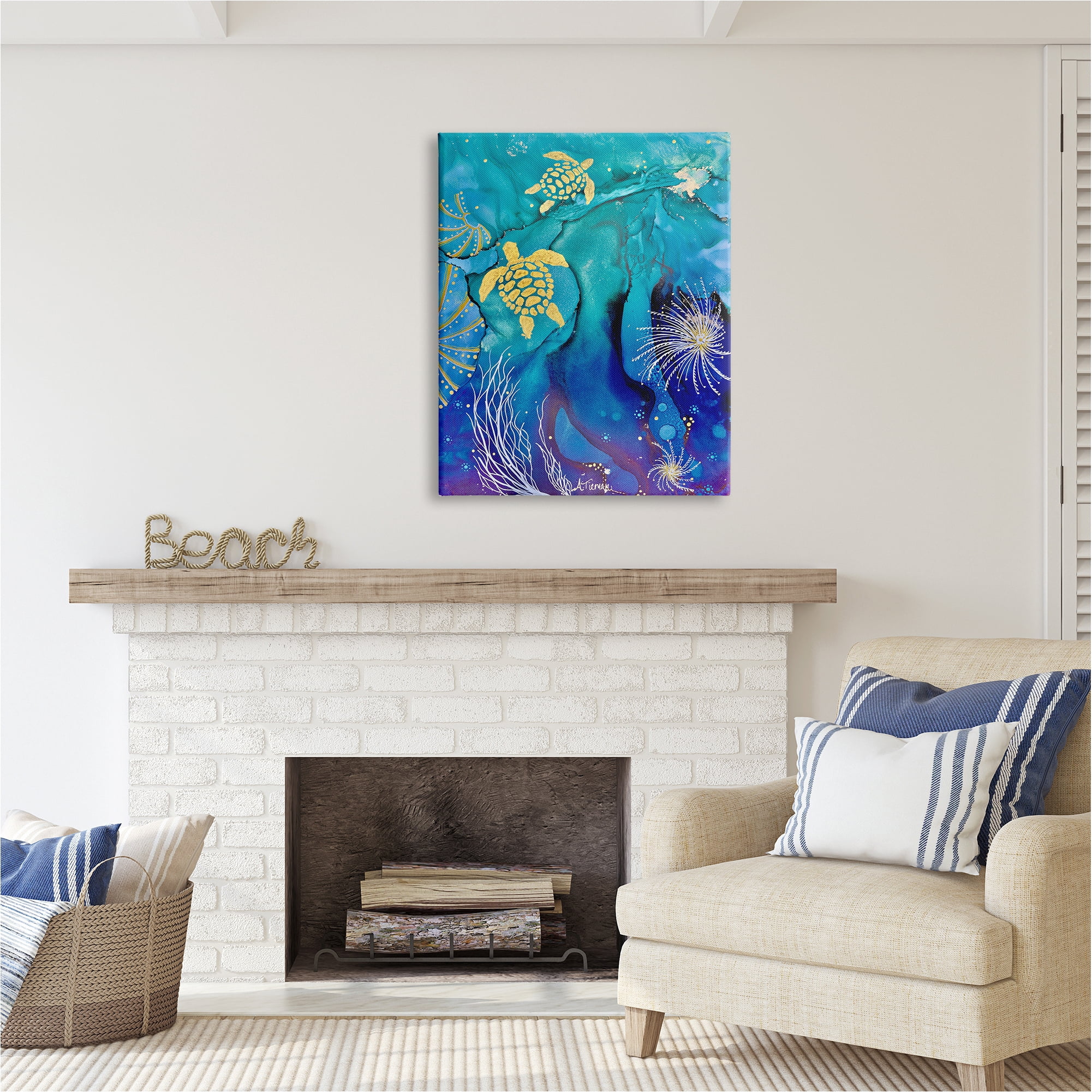 Stupell Industries Abstract Blue Sea Turtles Abstract Painting Gallery Wrapped Canvas Art Print Wall Art, 30 x 40