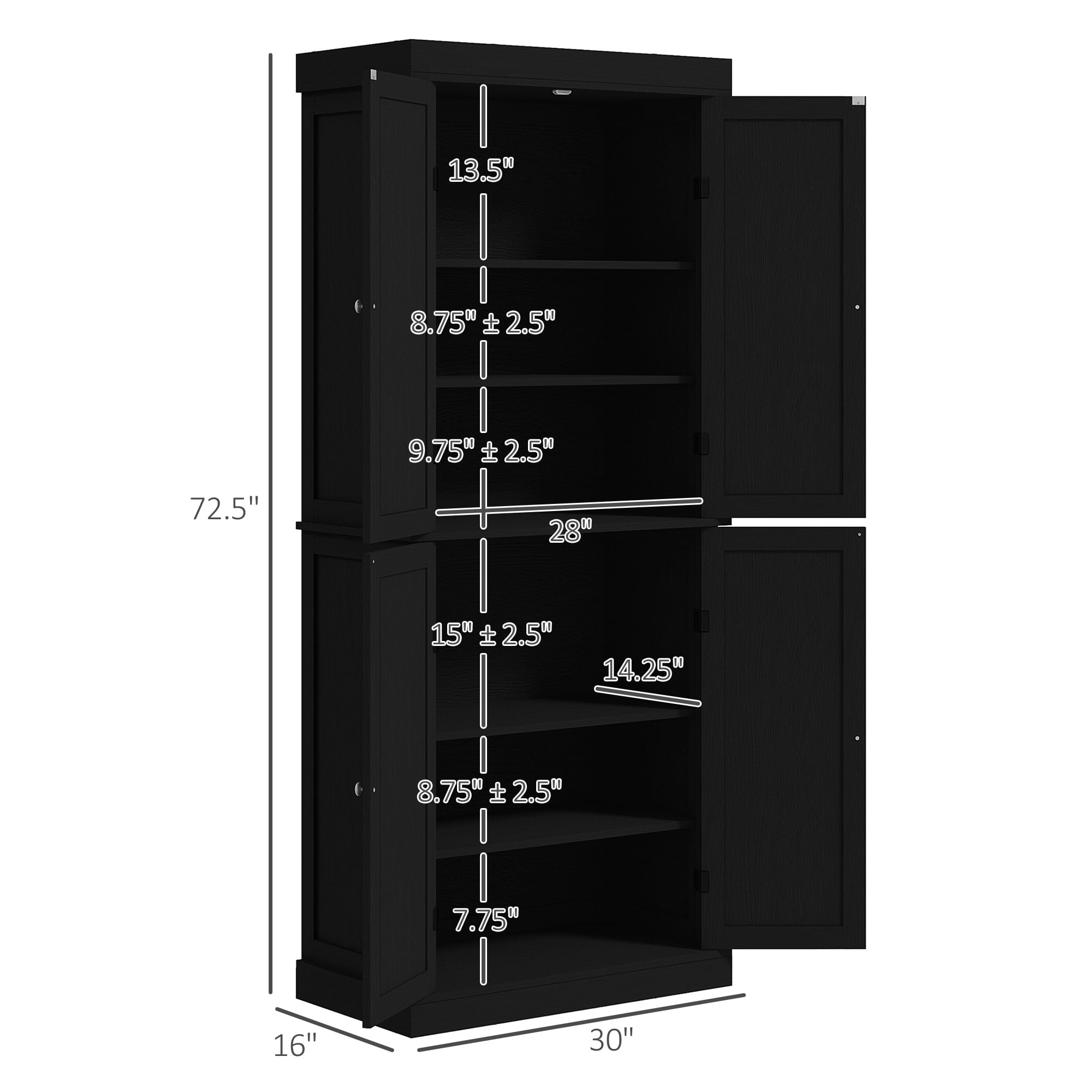 HOMCOM 72" Traditional Freestanding Kitchen Pantry Cupboard with 2 Cabinet, and Adjustable Shelves, Black Wood Grain